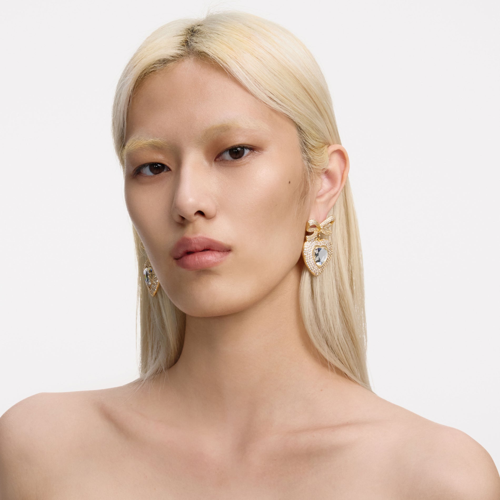 Gold Bow Crystal Heart Earrings