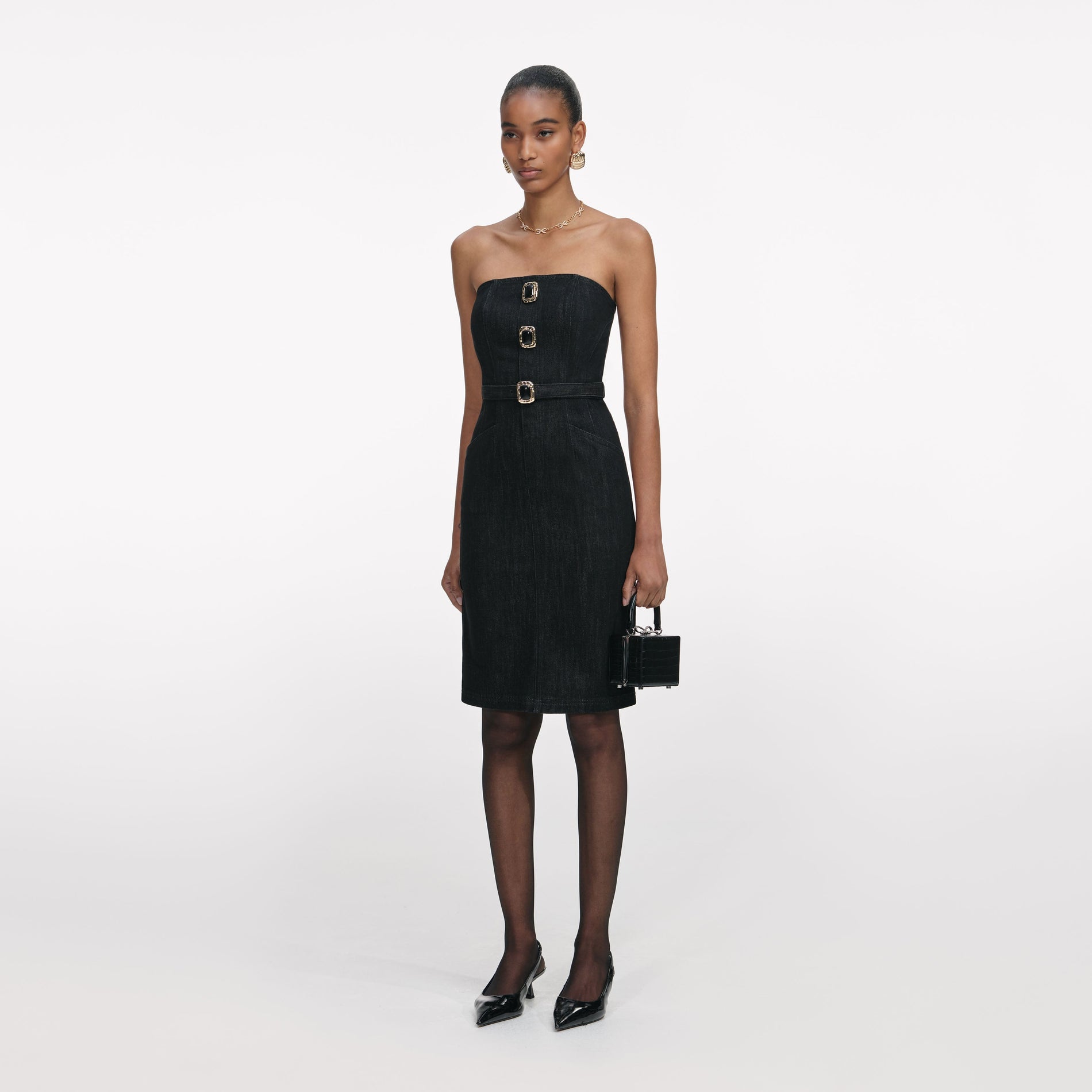 Black Denim Bandeau Midi Dress