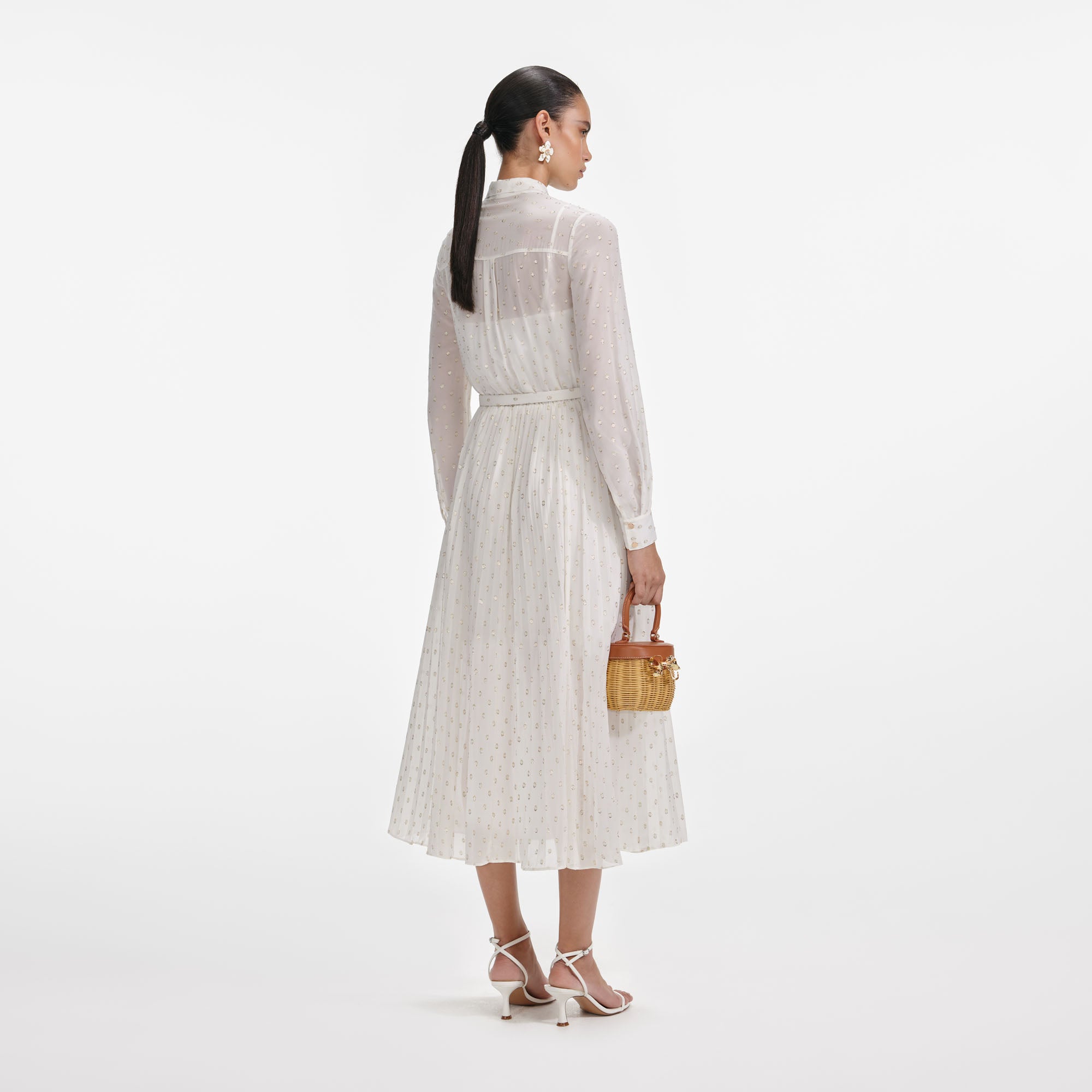Cream And Gold Tie Neck Midi Dress