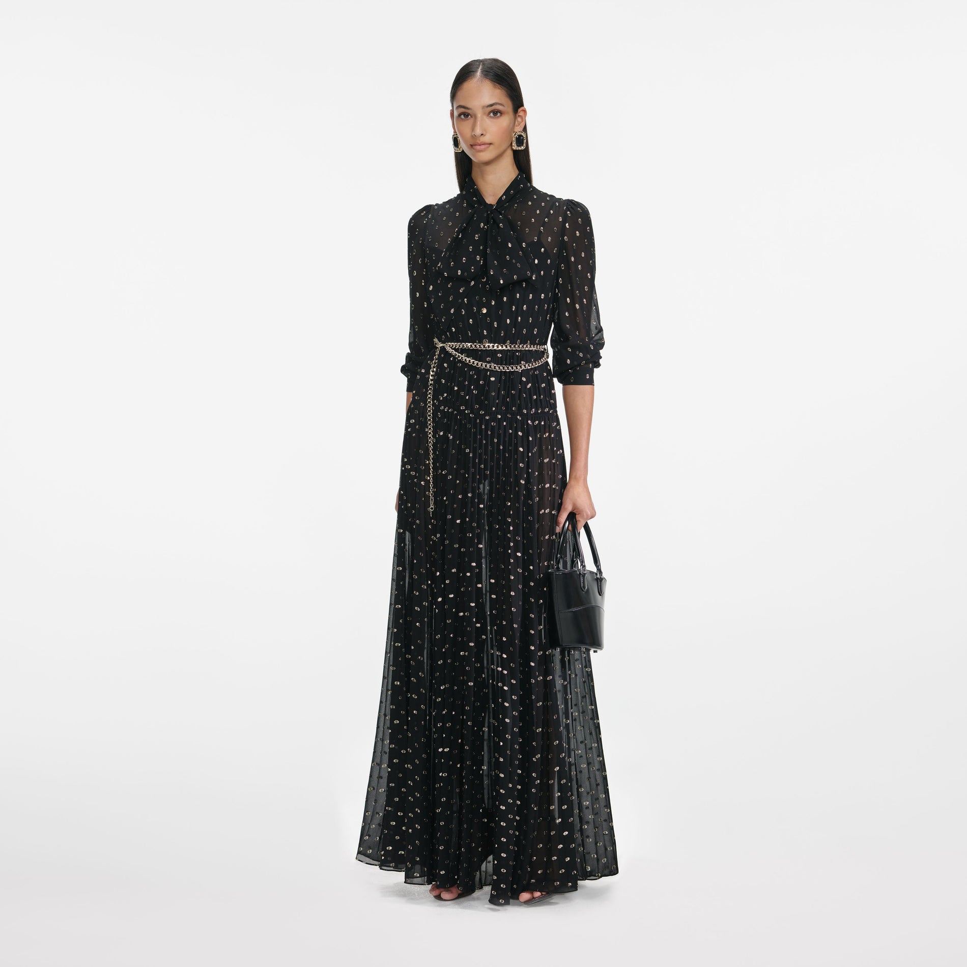 Black And Gold Tie Neck Maxi Dress
