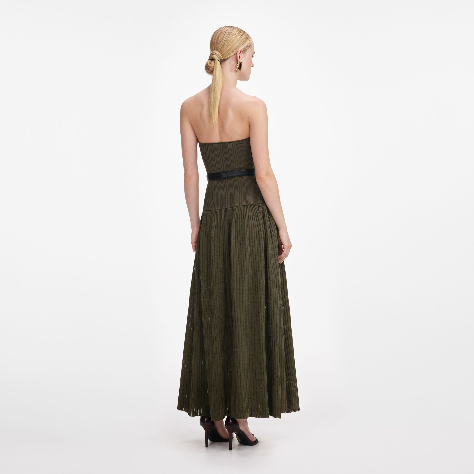 Back view of a woman wearing the Khaki Bandeau Knit Midi Dress