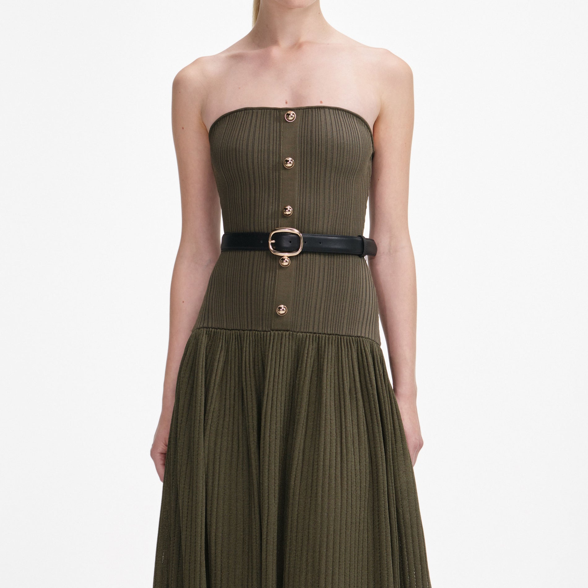 A close up of a woman wearing the Khaki Bandeau Knit Midi Dress