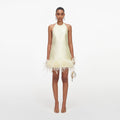 Yellow Taffeta Feather Trim Mini Dress