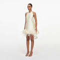 Yellow Taffeta Feather Trim Mini Dress