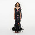 Black Floral Georgette Feather Maxi Dress