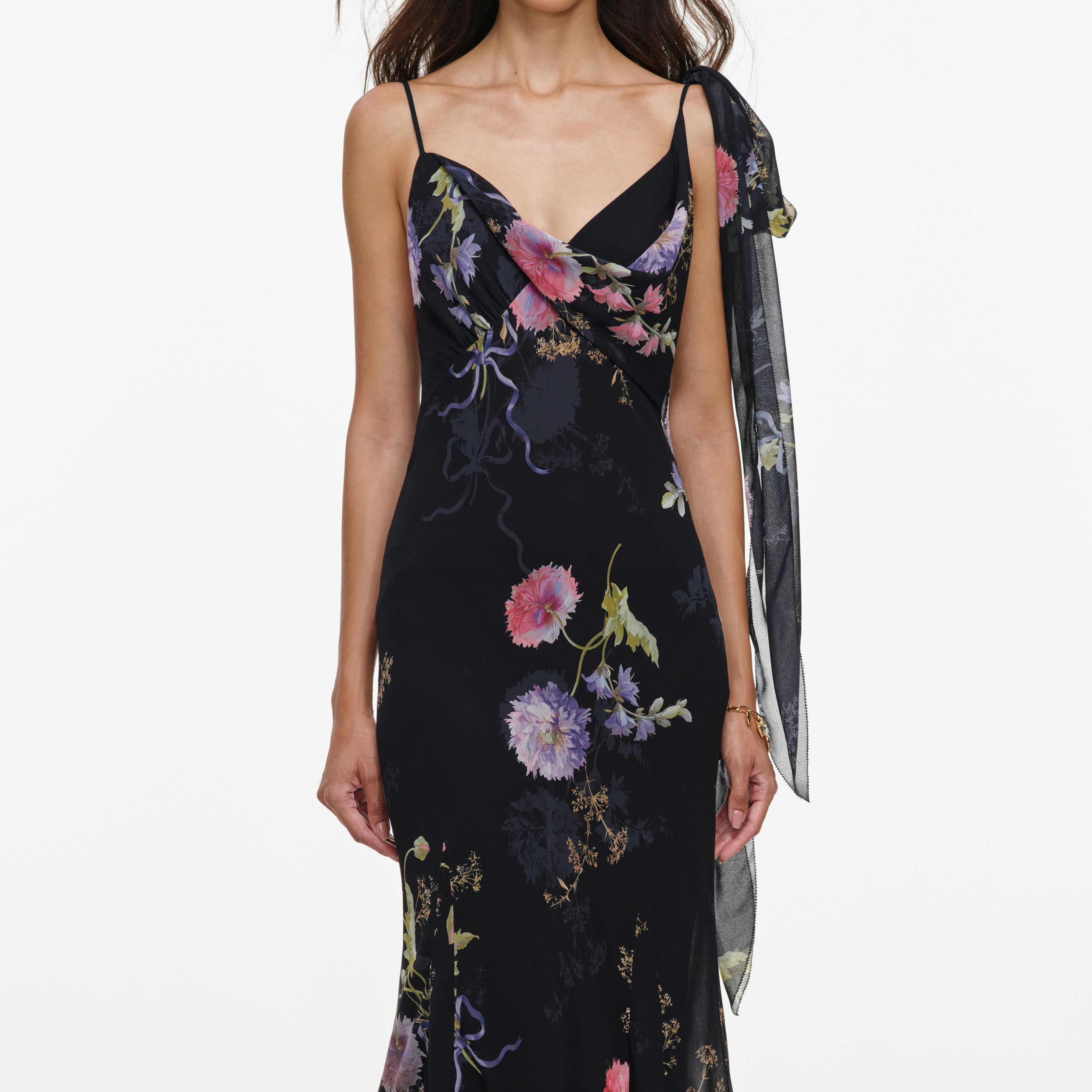 Black Floral Georgette Feather Maxi Dress