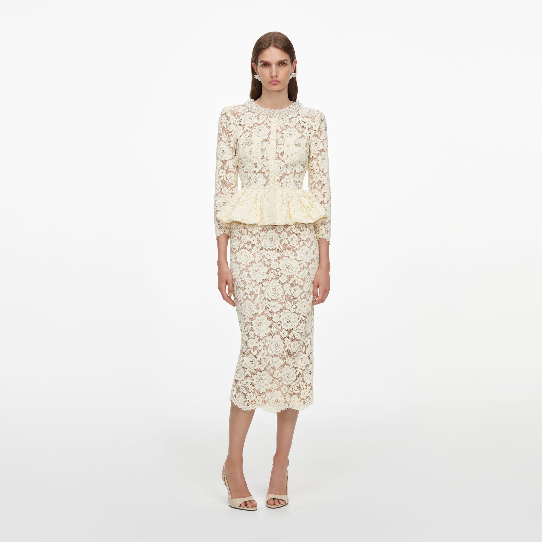 Yellow Lace Peplum Midi Dress