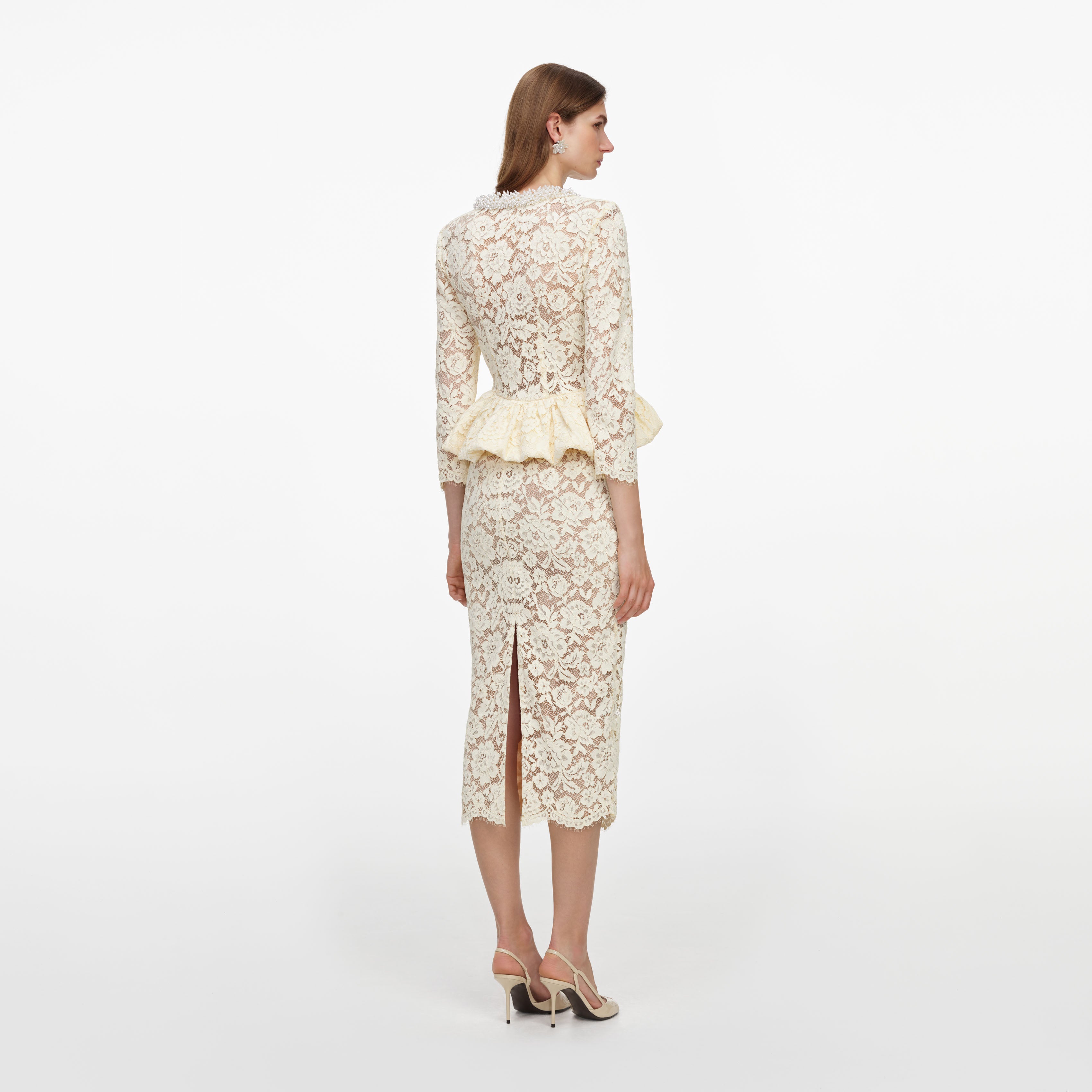 Yellow Lace Peplum Midi Dress