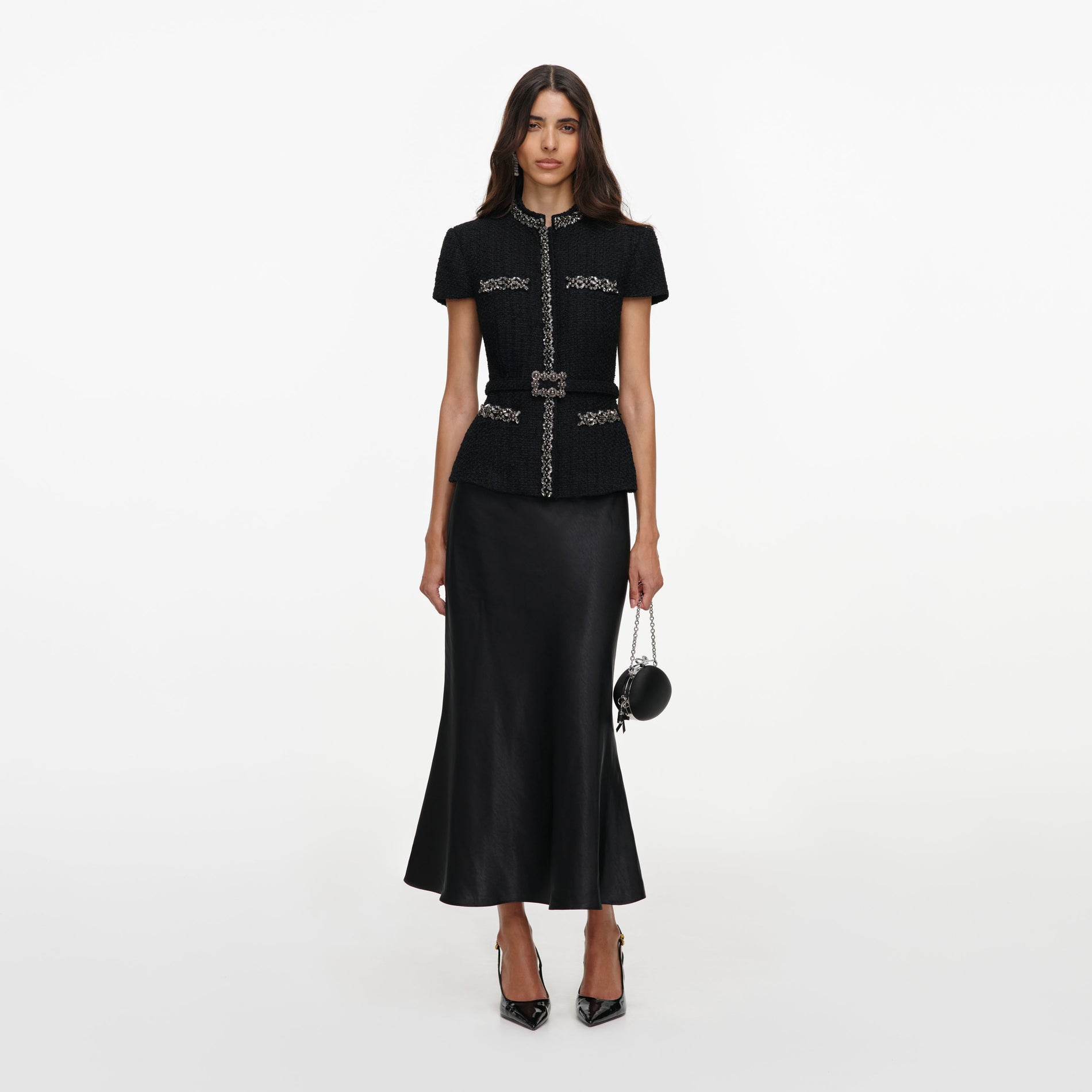 Black Boucle Crystal Trim Satin Midi Dress