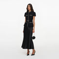 Black Boucle Crystal Trim Satin Midi Dress