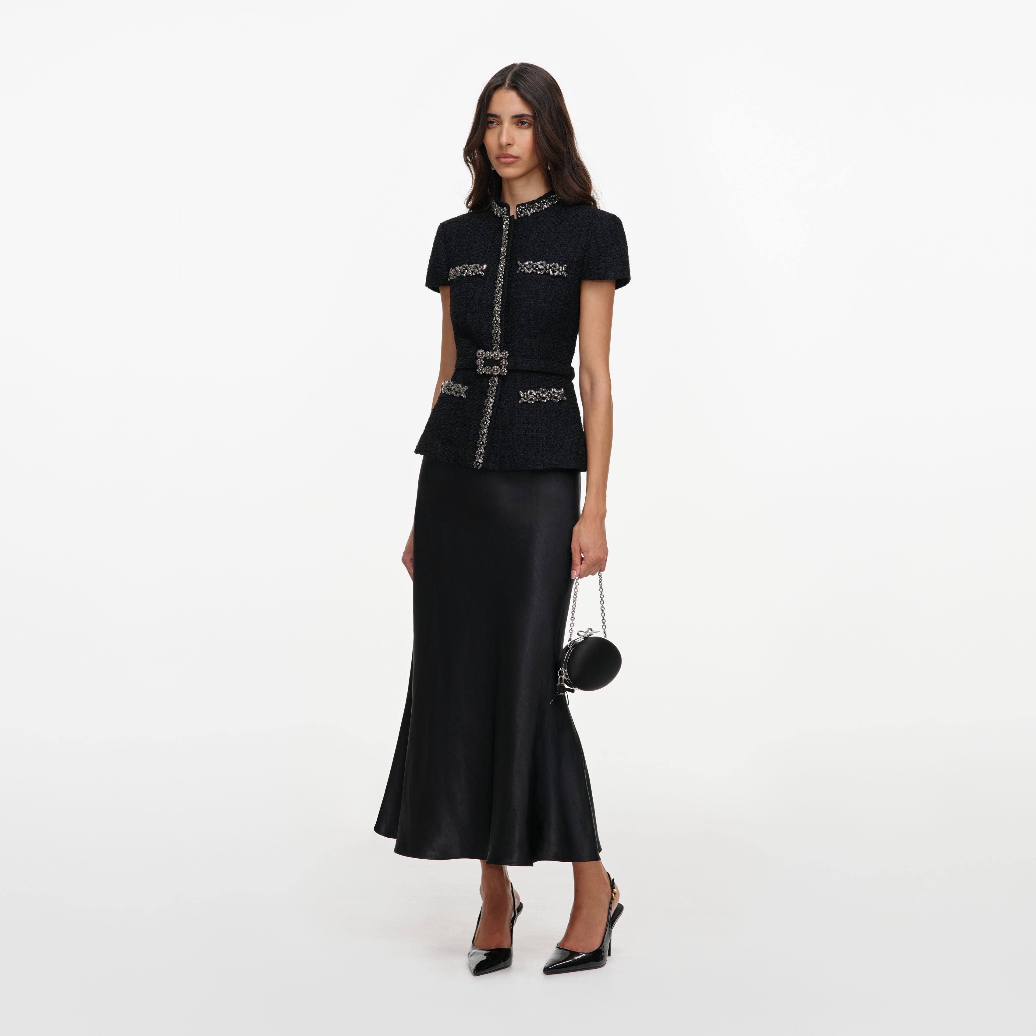 Black Boucle Crystal Trim Satin Midi Dress