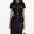 Black Boucle Crystal Trim Satin Midi Dress