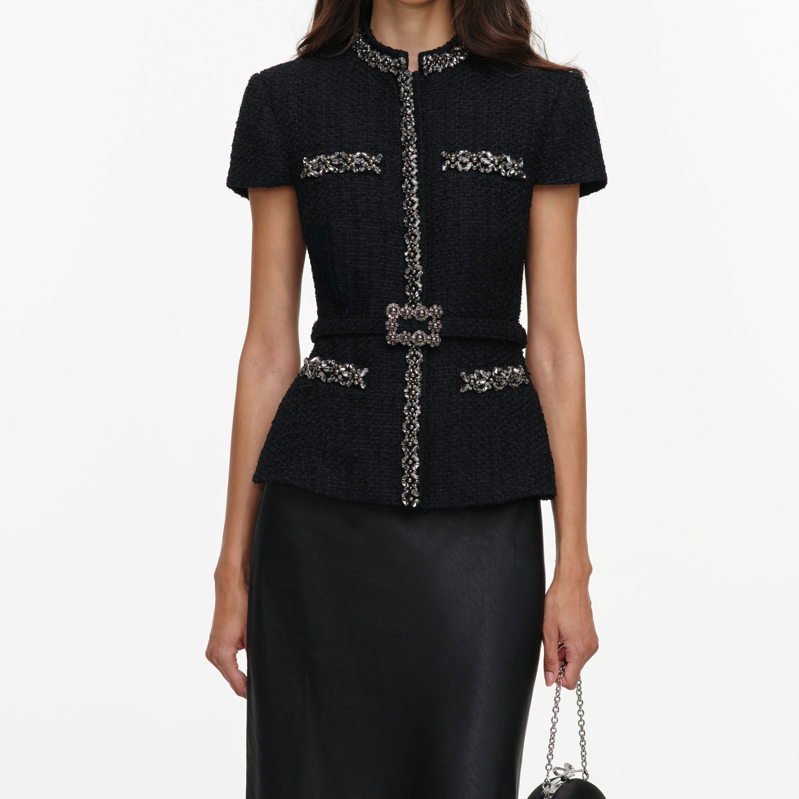 Black Boucle Crystal Trim Satin Midi Dress