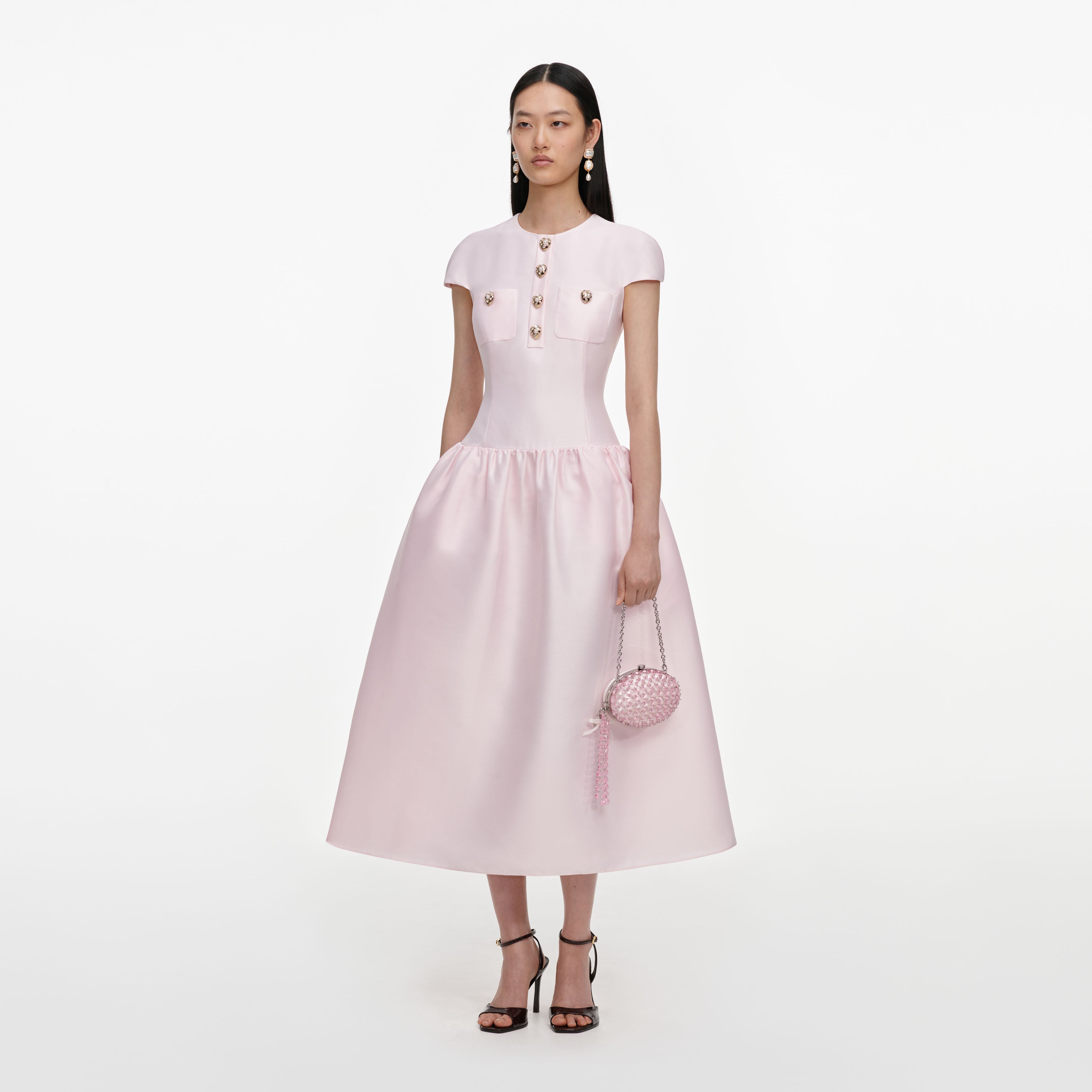 Pink Taffeta Buttoned Midi Dress