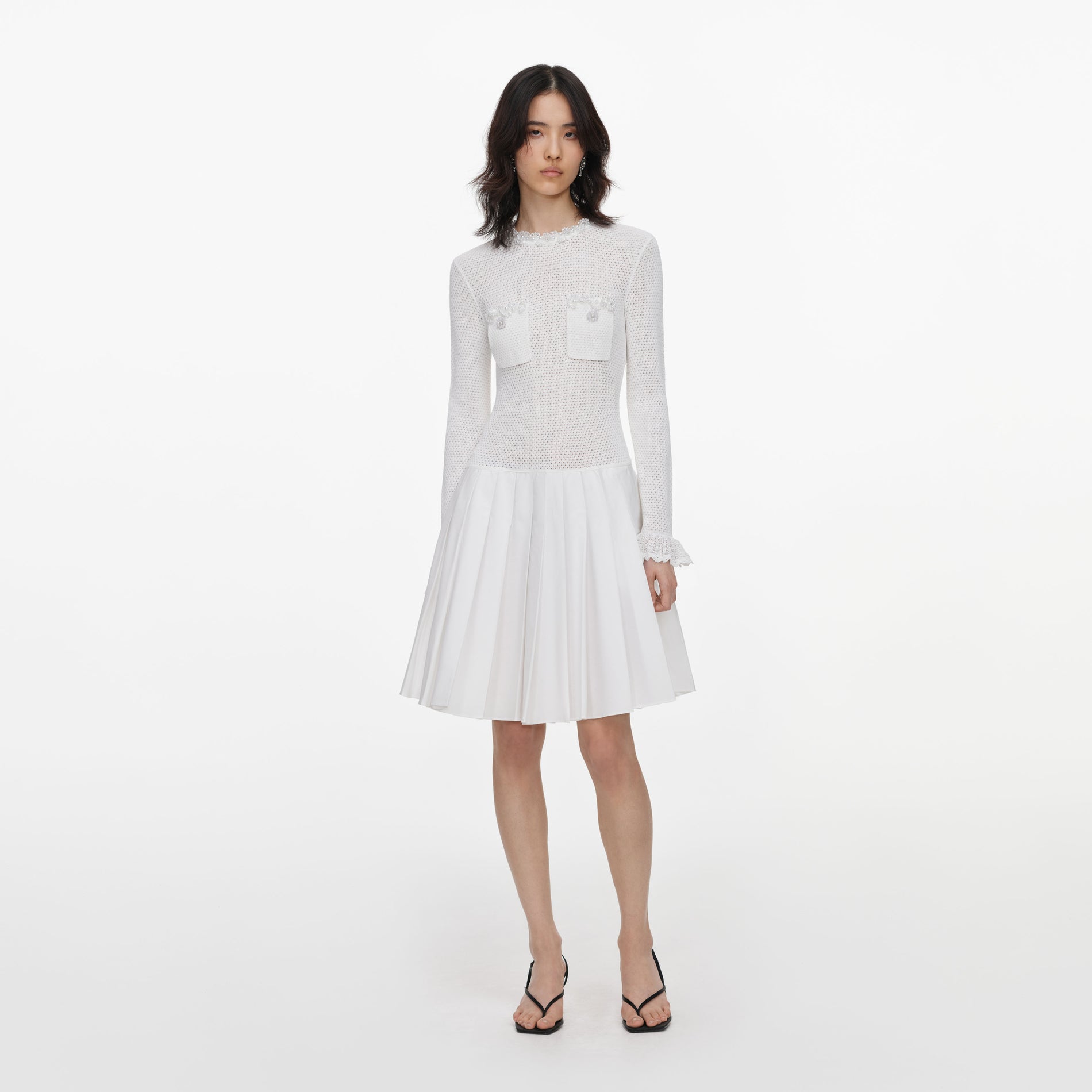 White Knit Pleated Twill Mini Dress