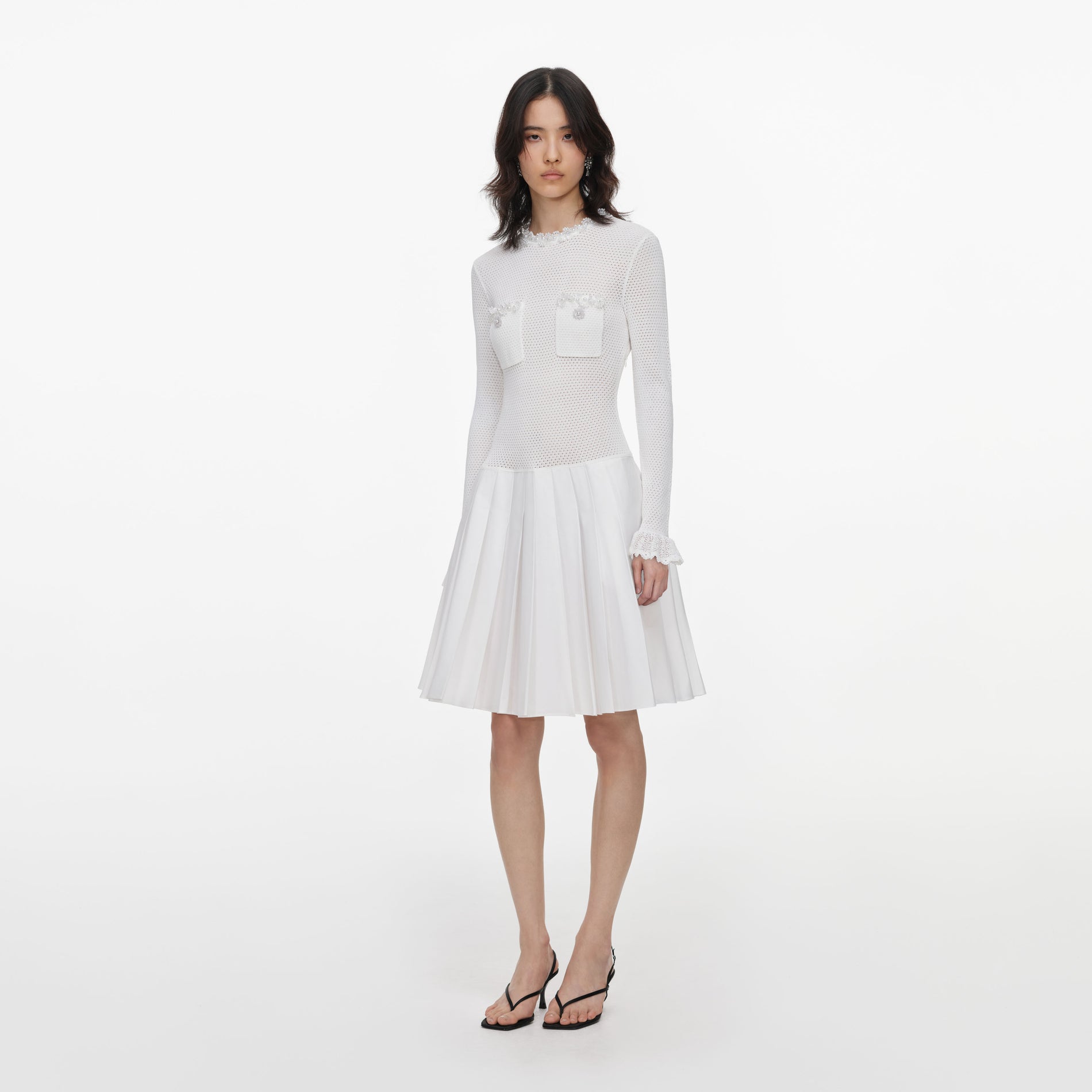 White Knit Pleated Twill Mini Dress