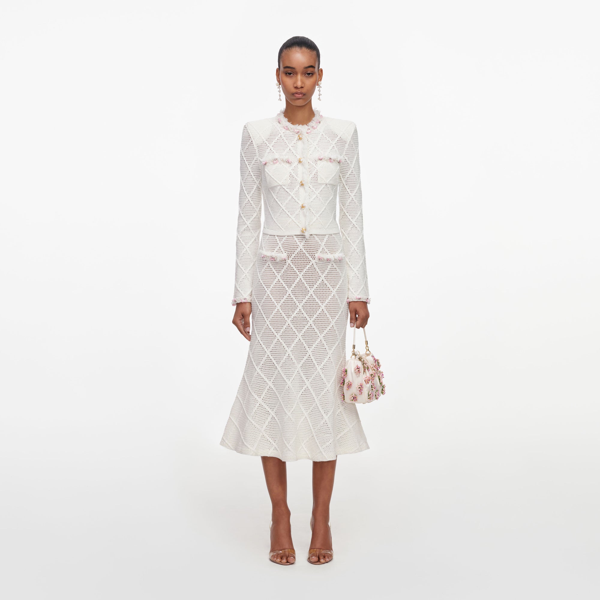 Cream Fringe Knit Midi Skirt