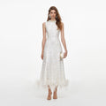White Sequin Lace Feather Midi Dress