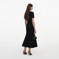 Black Chenille Knit Flower Trim Midi Dress