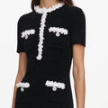 Black Chenille Knit Flower Trim Midi Dress