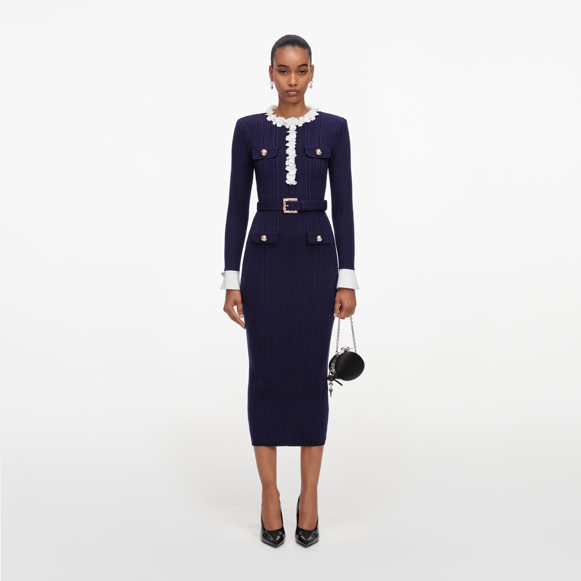 Navy Flower Rib Knit Midi Dress