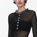 Black Pointelle Knit Embellished Bodysuit