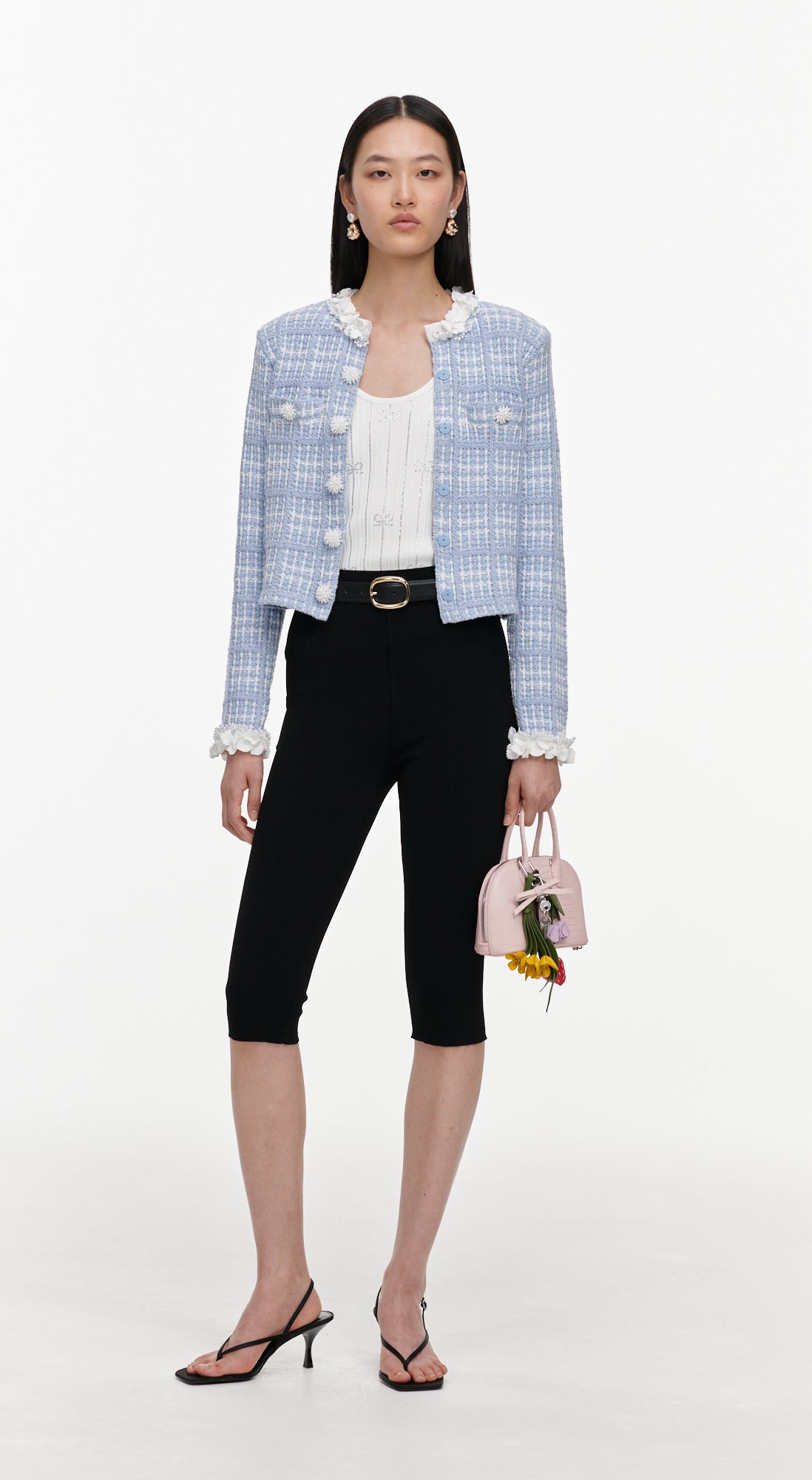 Blue Check Knit Beaded Jacket