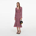 Red Check Frayed Knit Midi Dress