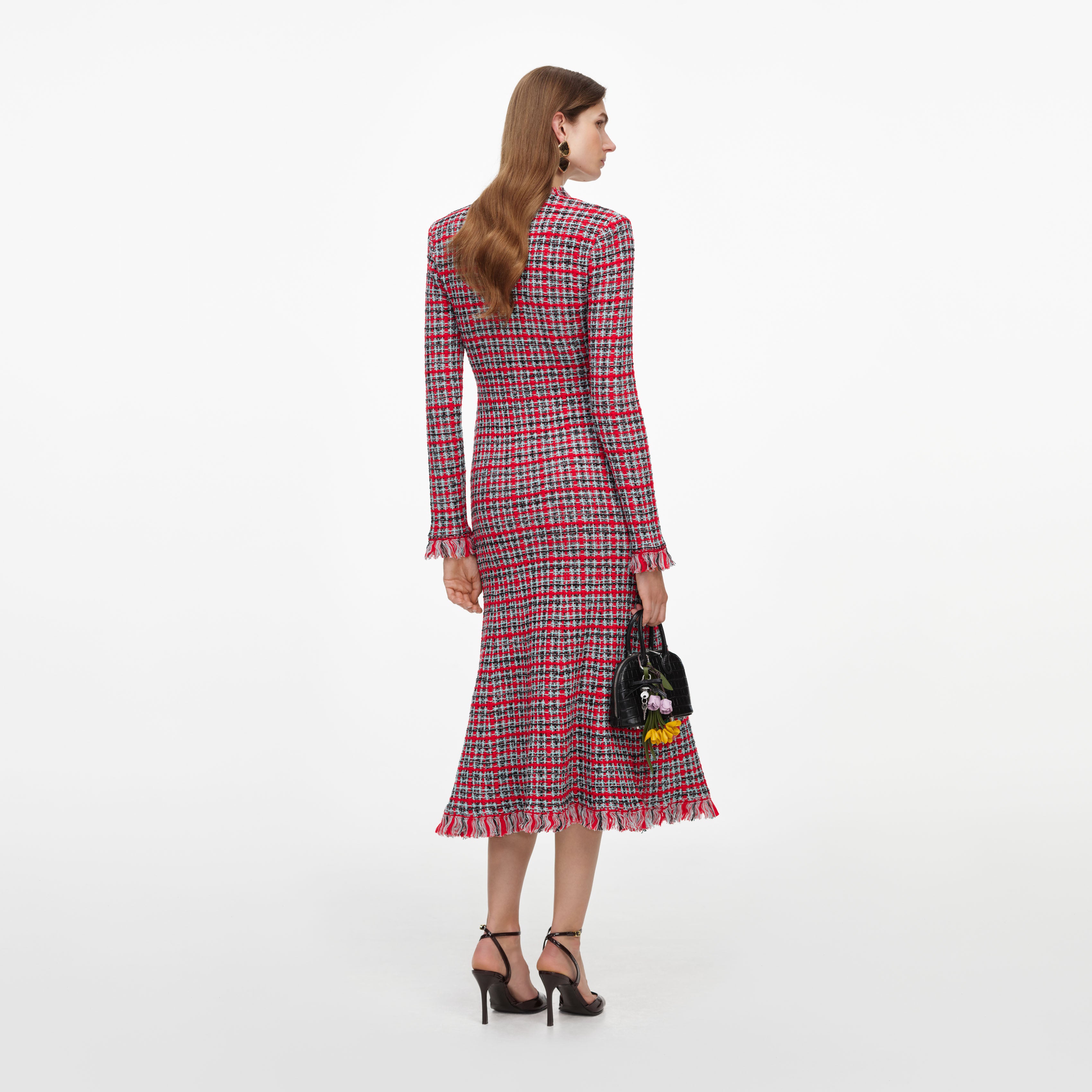 Red Check Frayed Knit Midi Dress