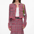 Red Check Frayed Knit Midi Skirt