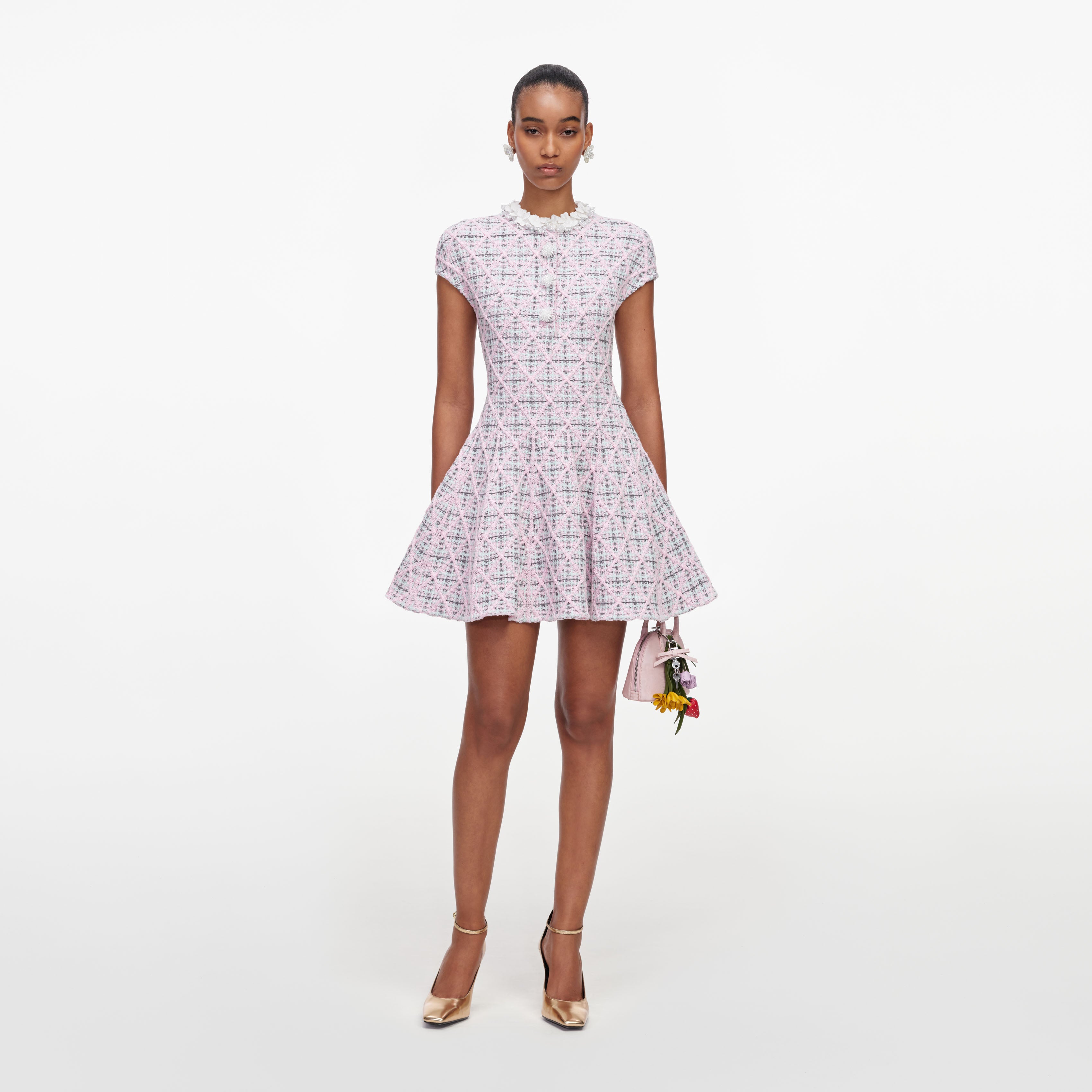 Pink Check Knit Beaded Mini Dress