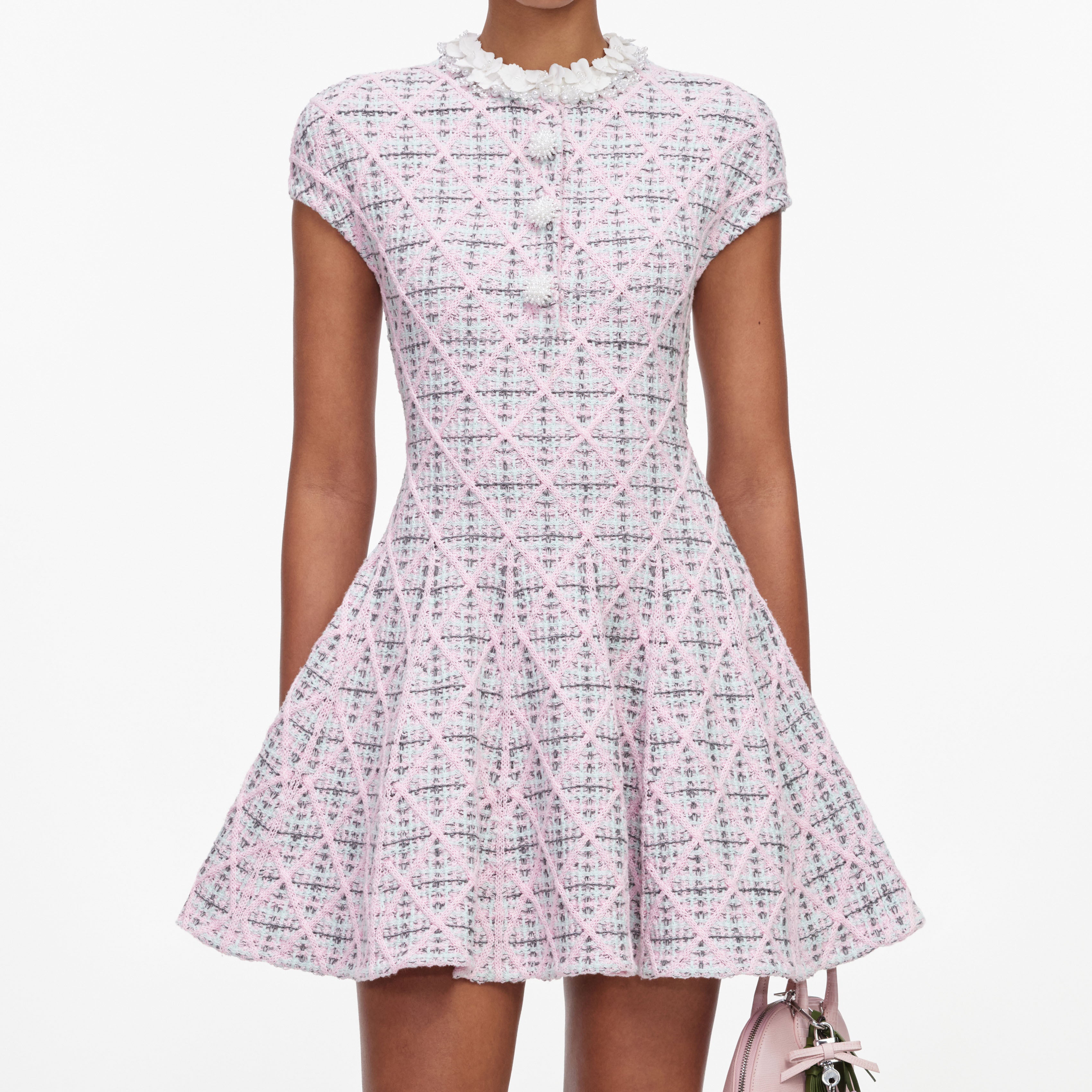 Pink Check Knit Beaded Mini Dress