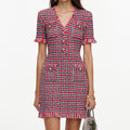 Red Check Frayed Knit Mini Dress