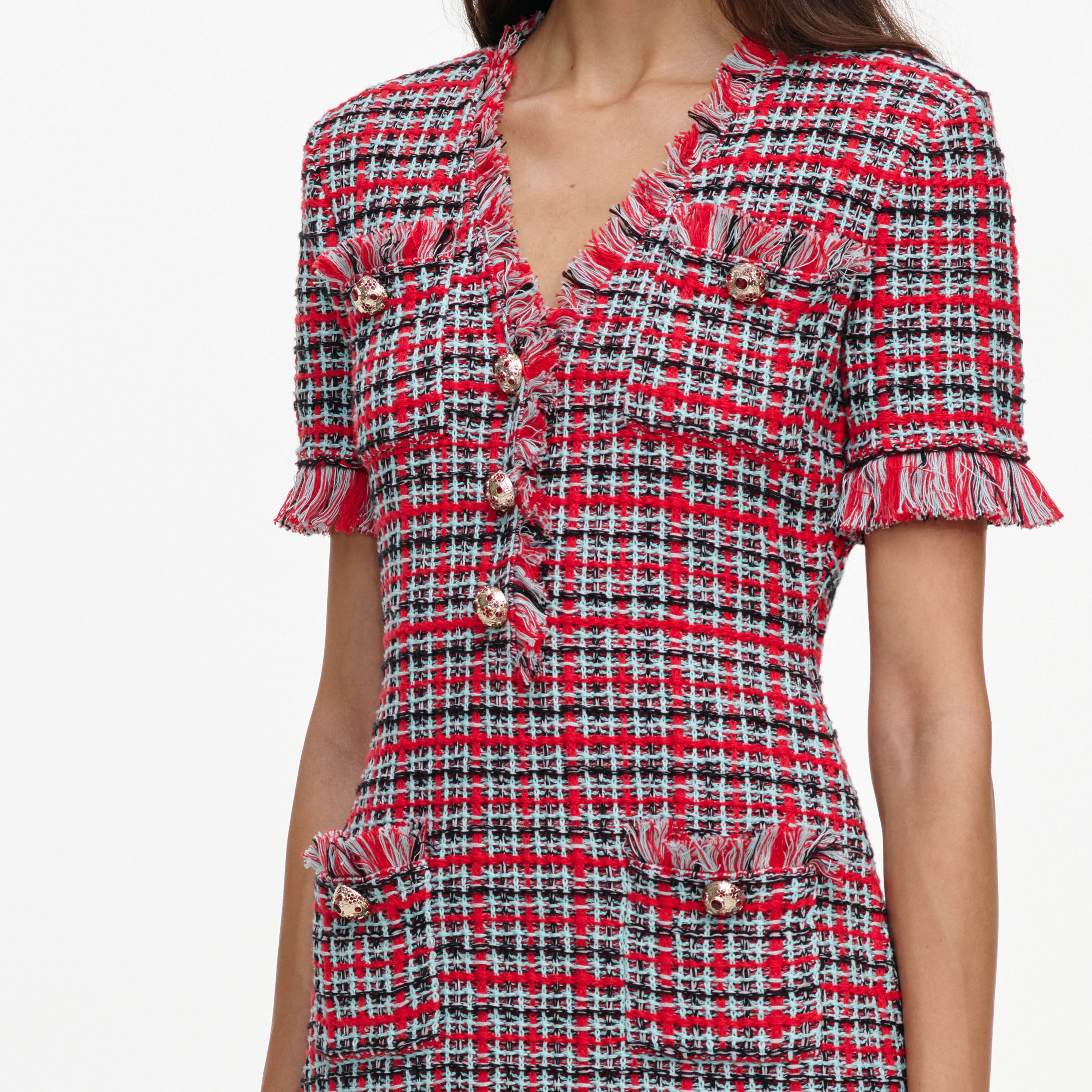Red Check Frayed Knit Mini Dress