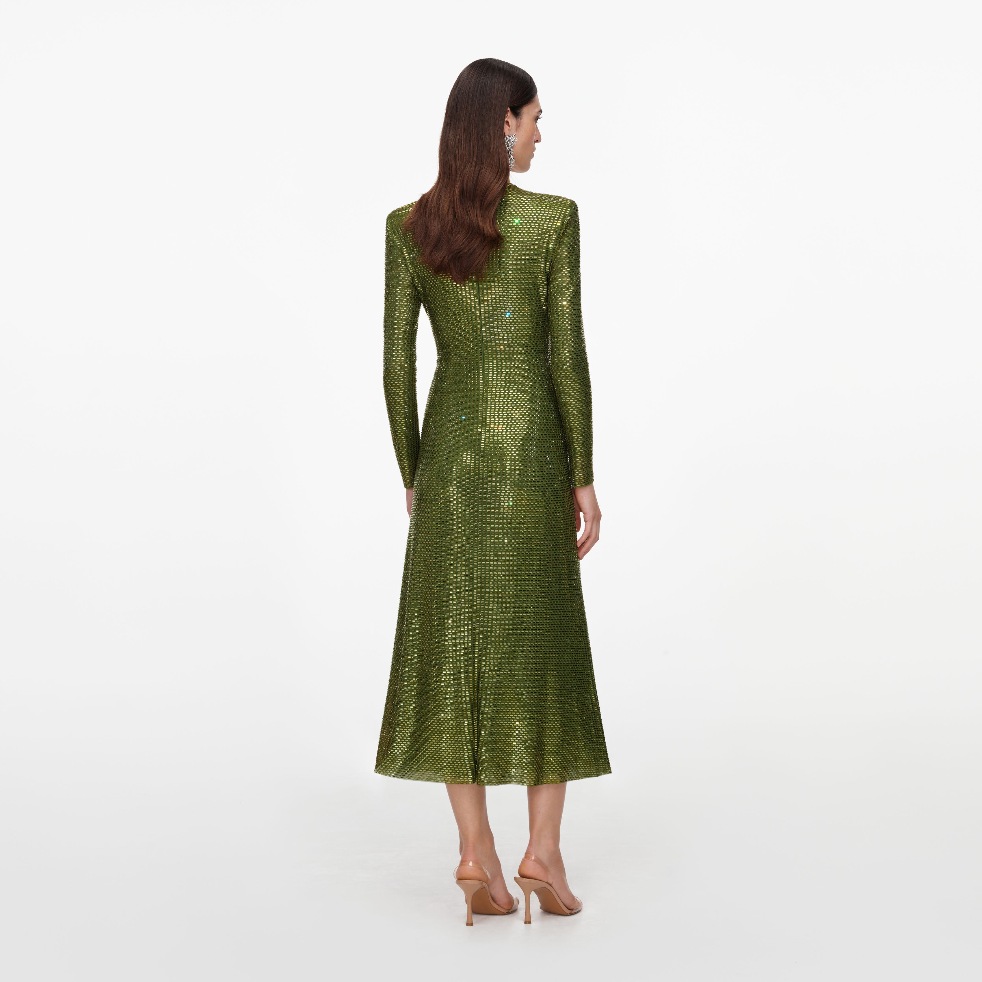 Olive Rhinestone Mesh Wrap Midi Dress