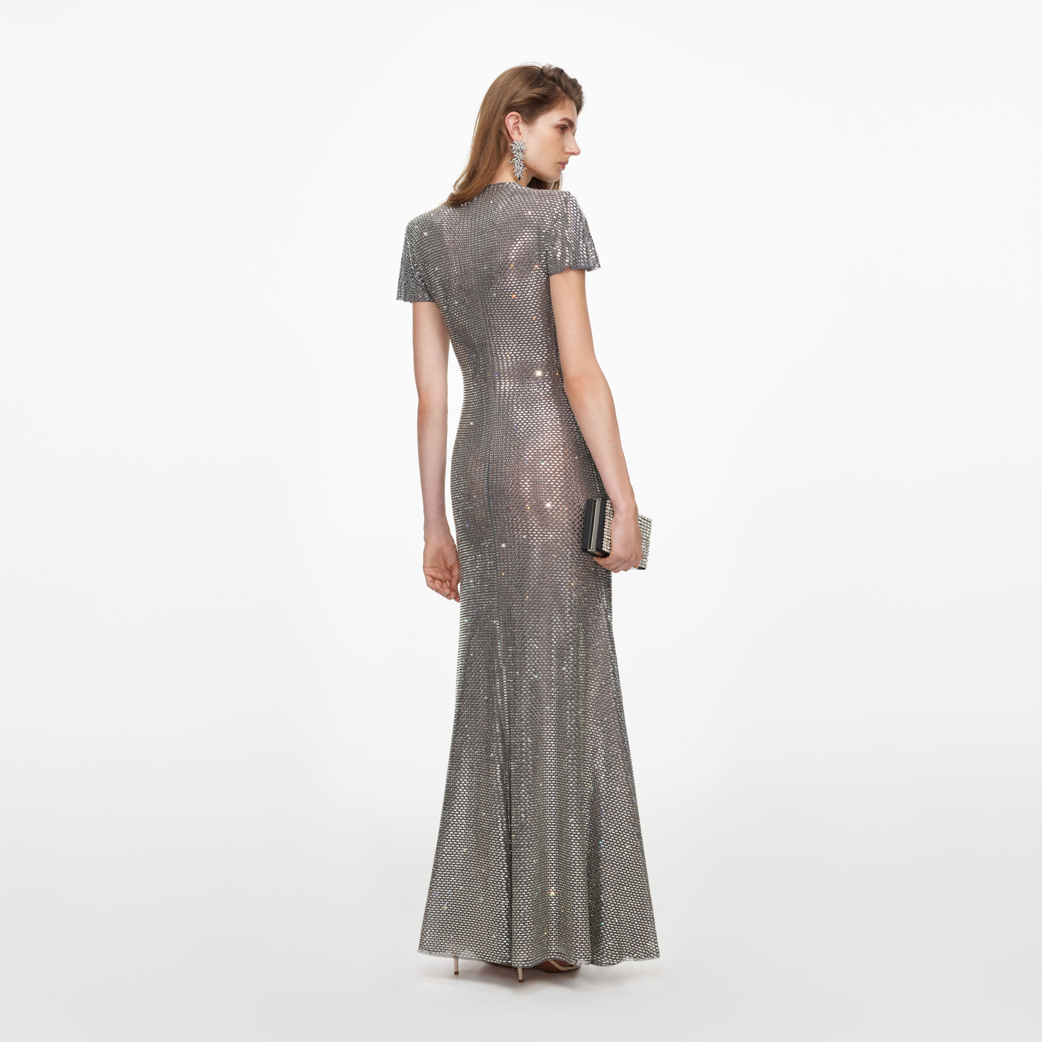 Grey Rhinestone Mesh Wrap Maxi Dress