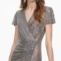Grey Rhinestone Mesh Wrap Maxi Dress