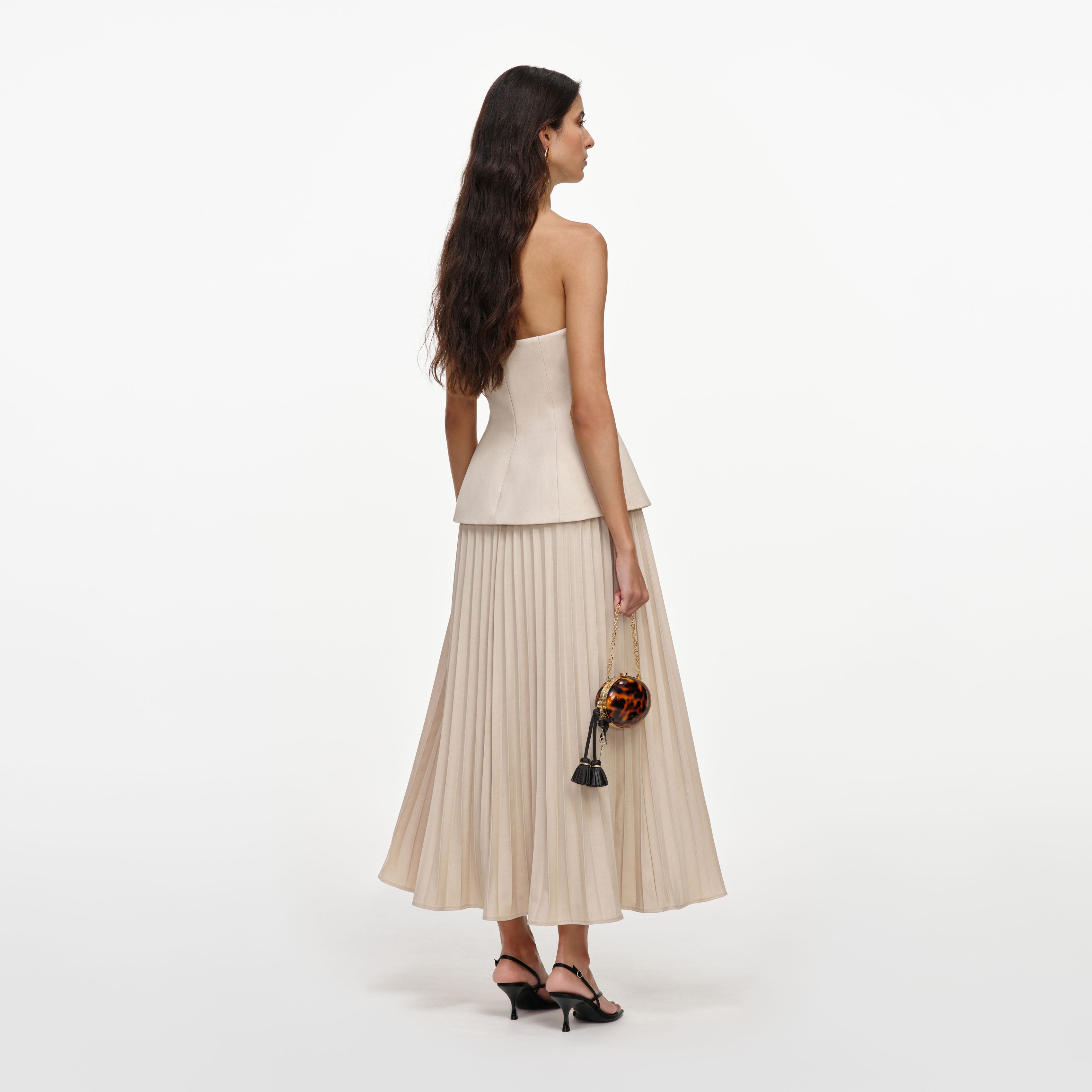 Beige Bandeau Pleated Midi Dress