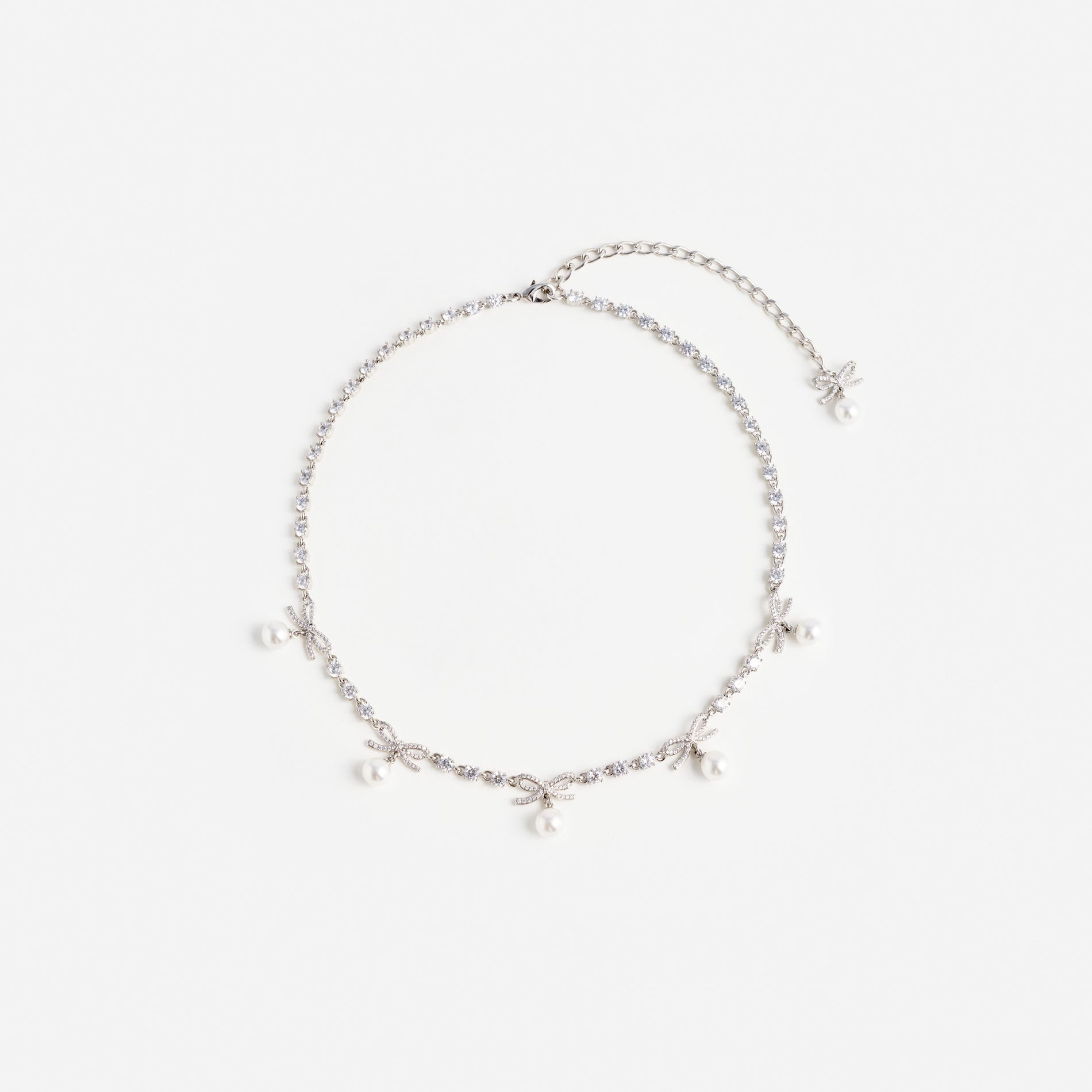 Crystal Bow Pearl Charm Necklace