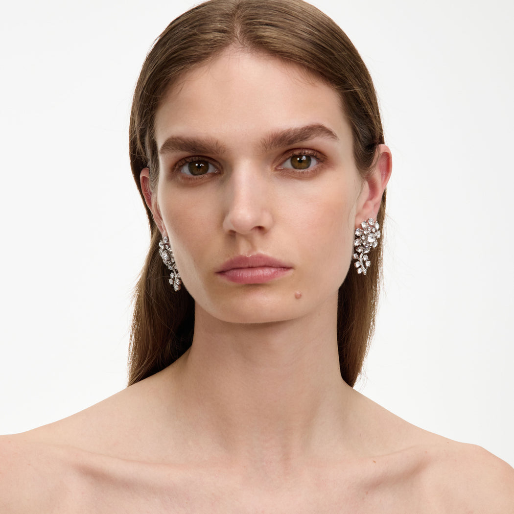 Small Silver Flower Crystal Earrings
