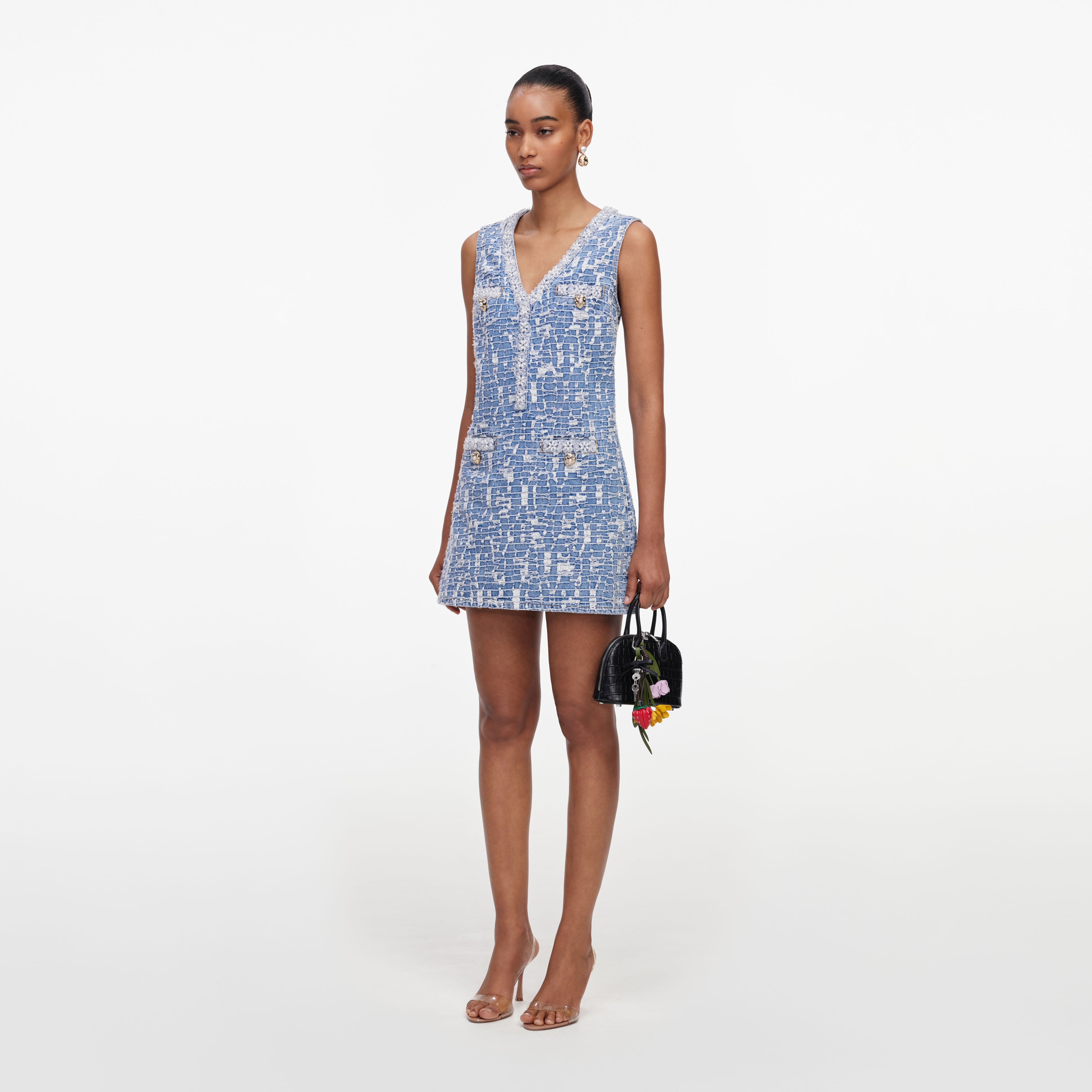 Blue Textured Denim Mini Dress