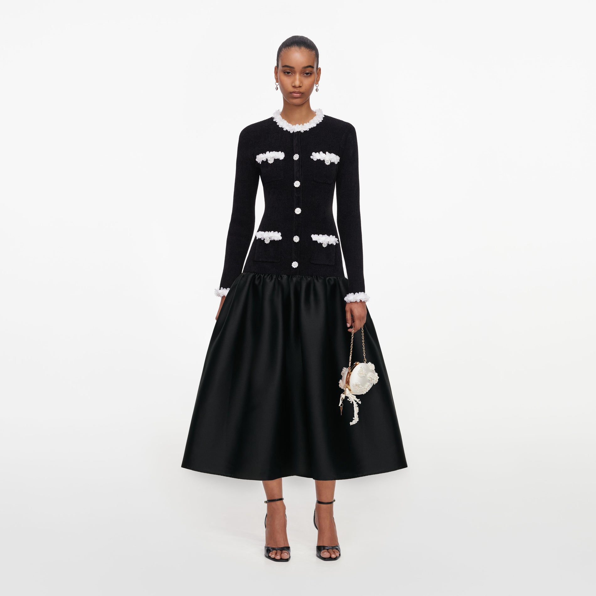 Black Chenille Taffeta Midi Dress