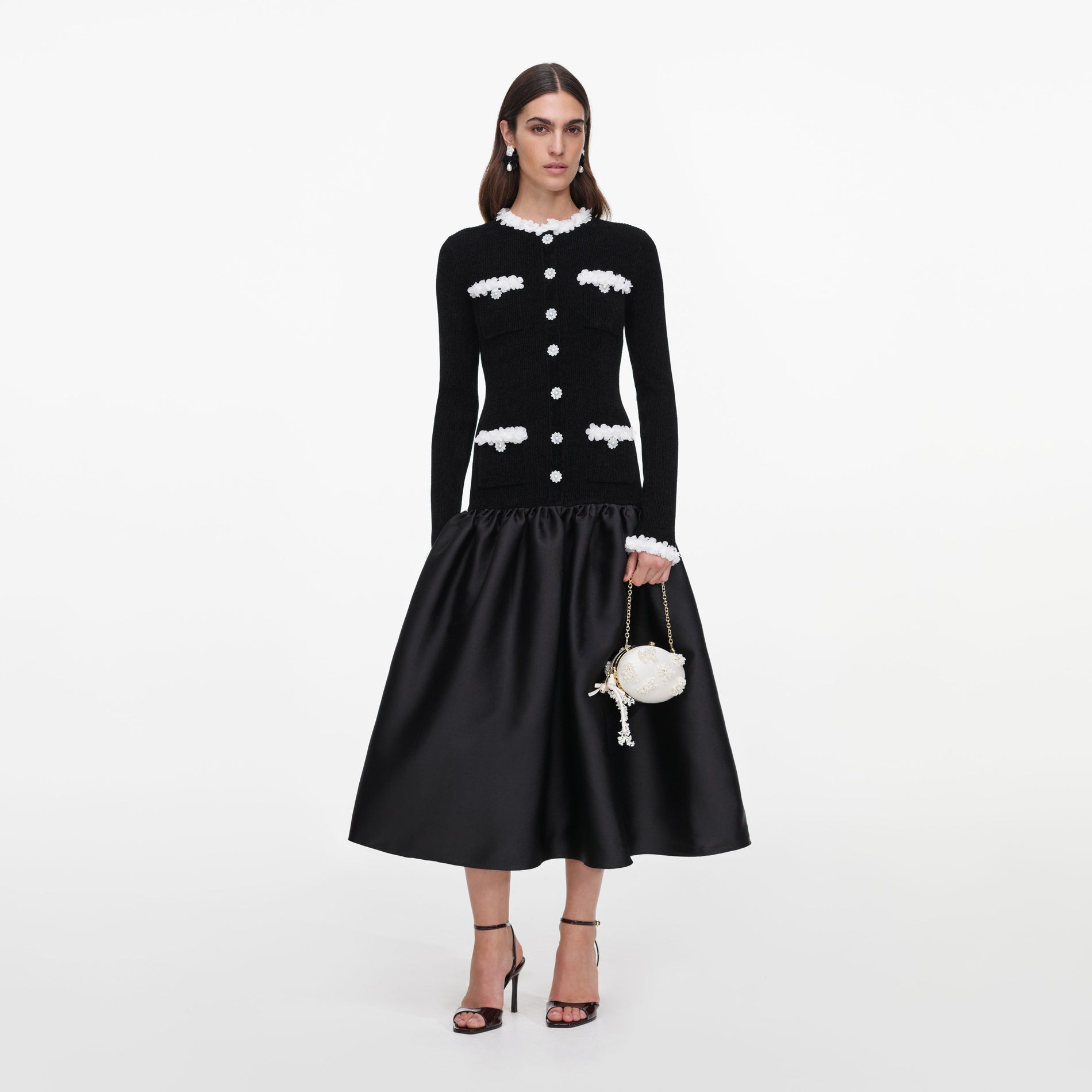 Black Chenille Taffeta Midi Dress