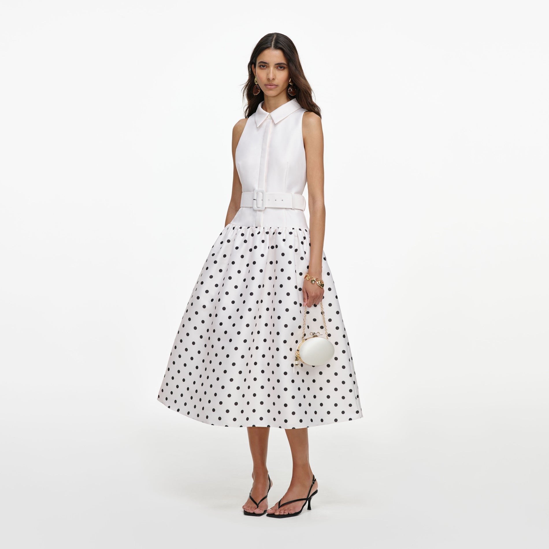 White Sleeveless Polka Dot Midi Dress