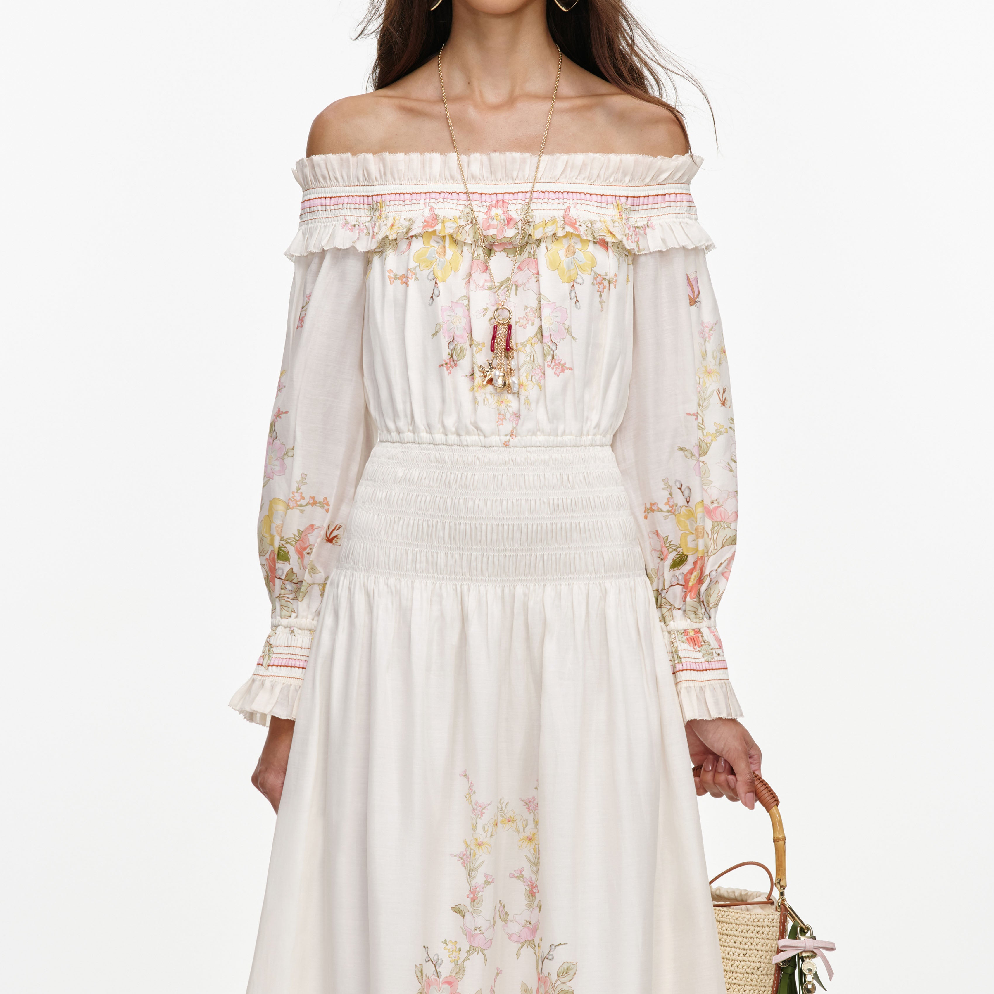 Cream Floral Organza Ruffle Maxi Dress