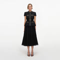 Black Boucle Crystal Trim Chiffon Midi Dress