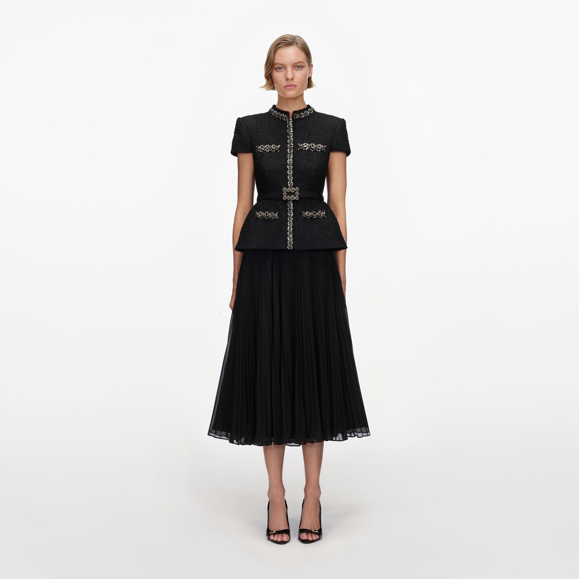 Black Boucle Crystal Trim Chiffon Midi Dress