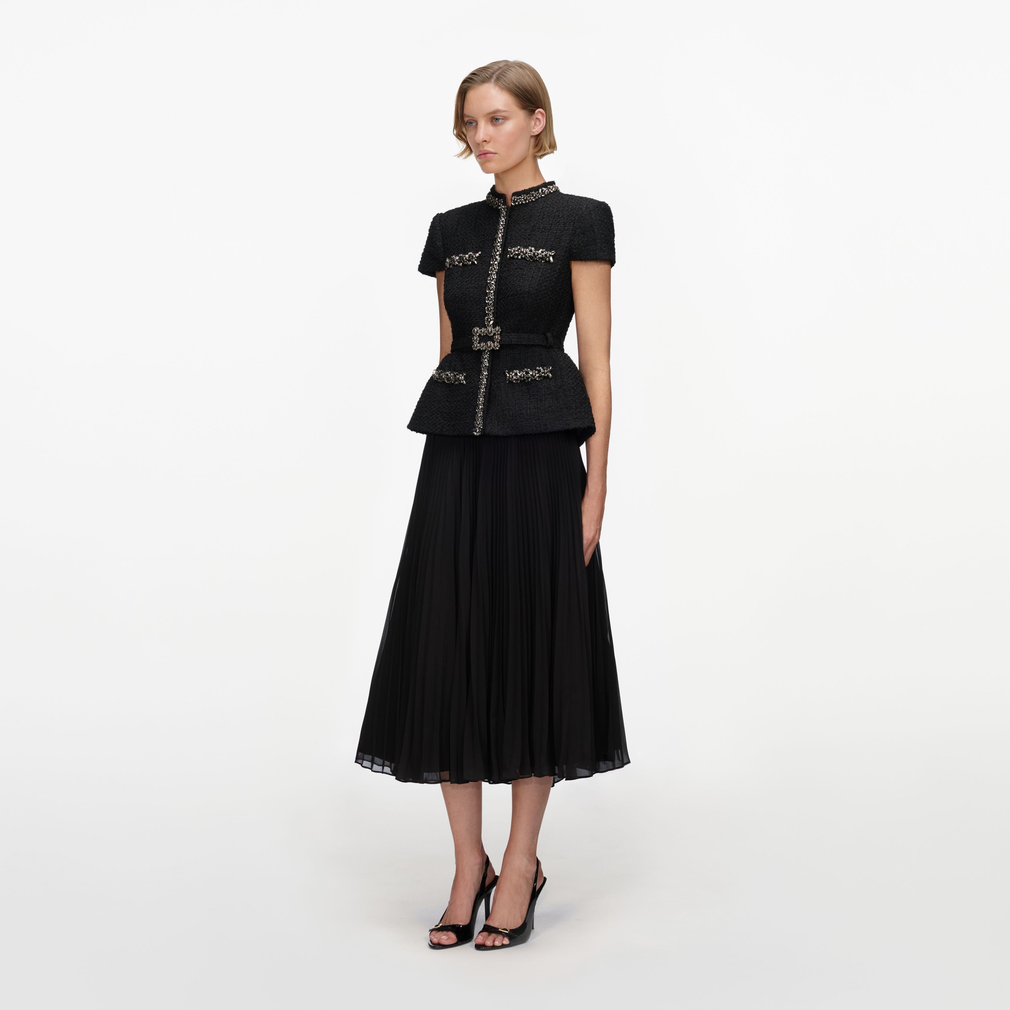 Black Boucle Crystal Trim Chiffon Midi Dress