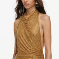 Gold Rhinestone Halter Maxi Dress