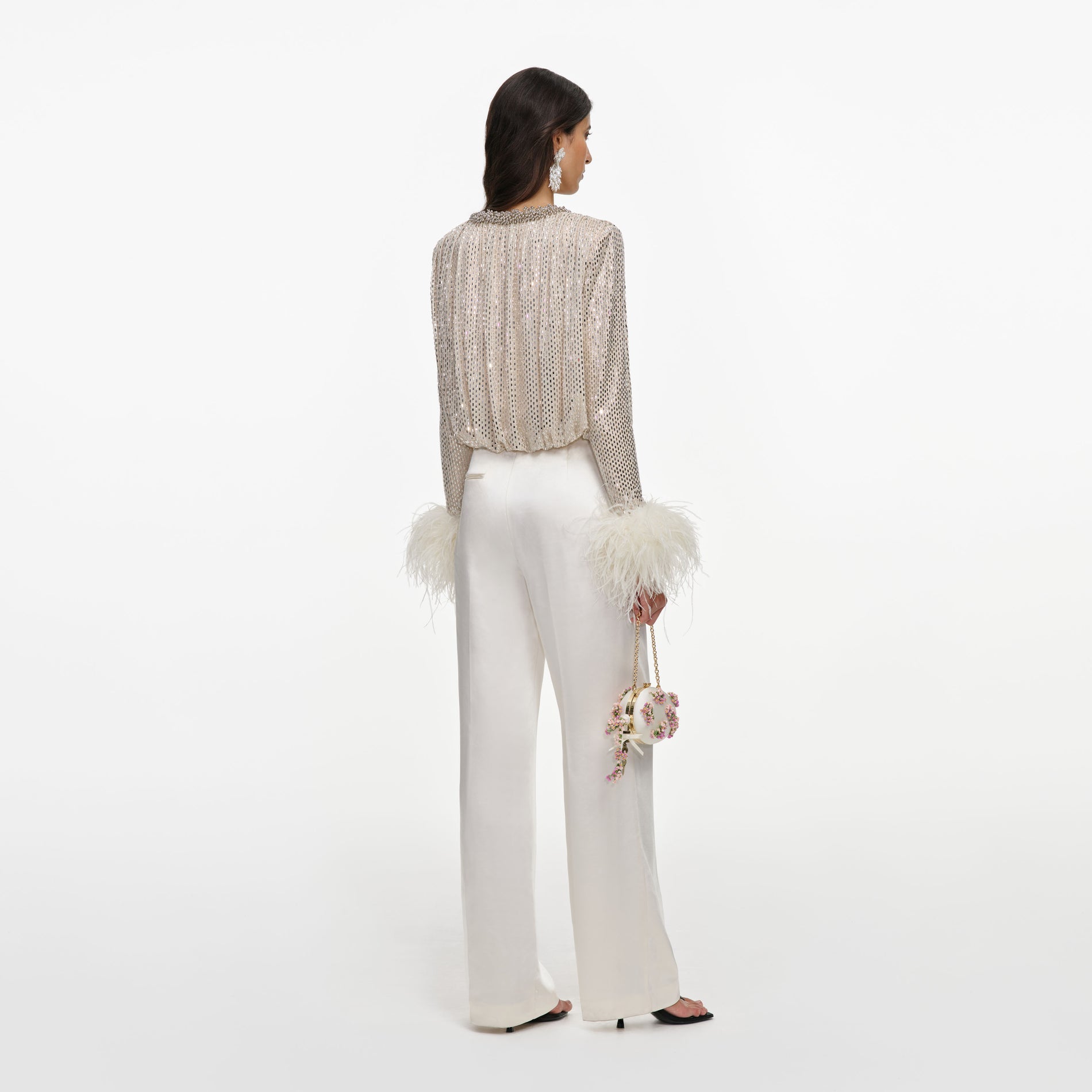 Champagne Rhinestone Embellished Feather Top